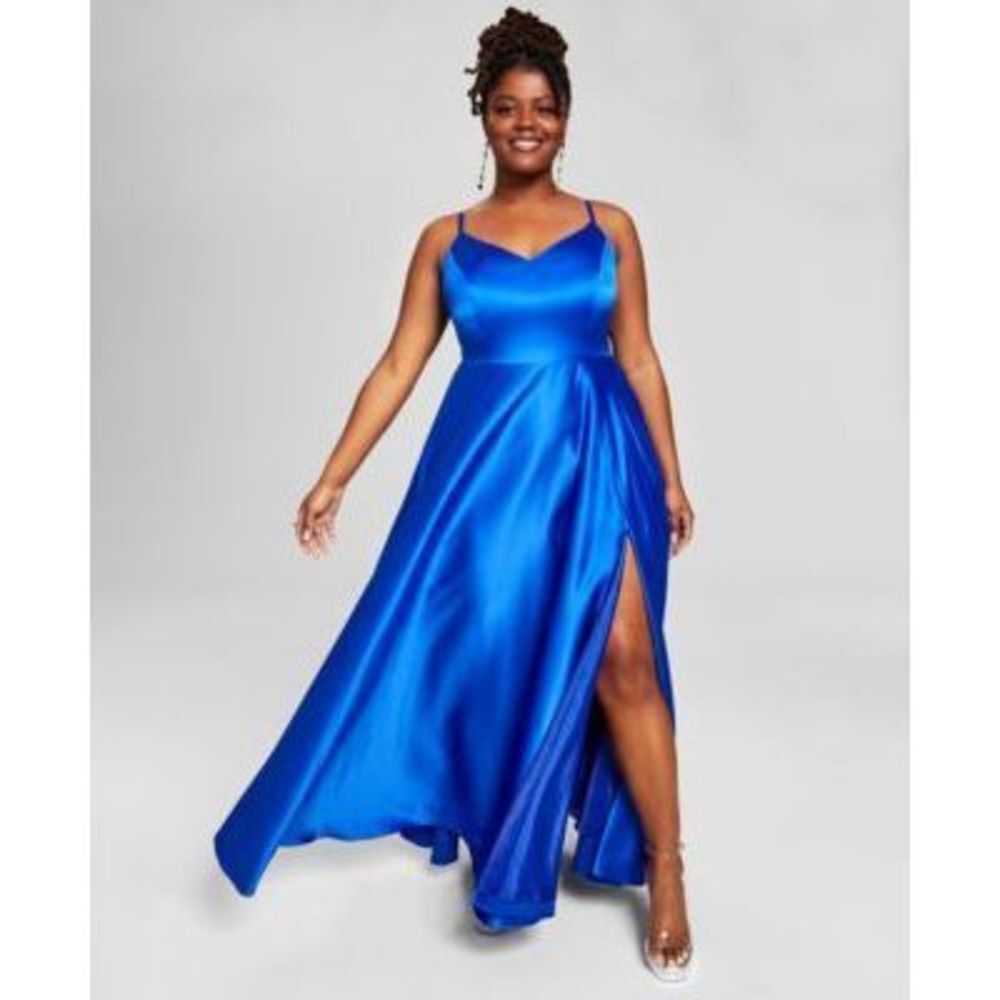 B Darlin Trendy Plus Size Blue Satin Sleeveless Gown 20W
